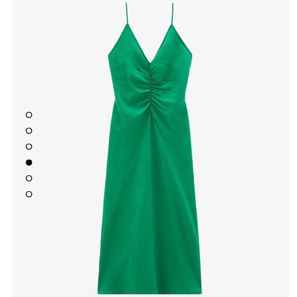 Zara Green Ruched V-Neck Midi Slip Dress